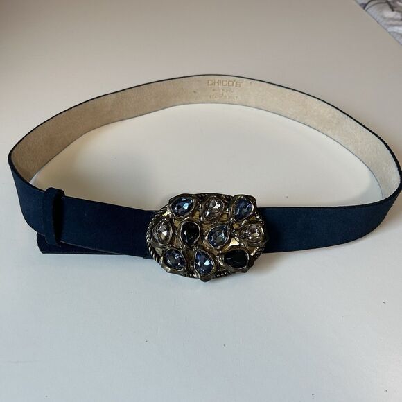 Chicos Blue Suede Leather Belt Womens Sz L (37-41) Gemstone Buckle Boho Festival - Picture 5 of 15